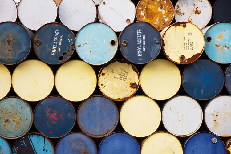 Full frame shot of metallic barrels