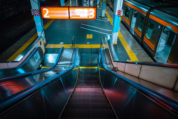 High angle view of escalator at subway station