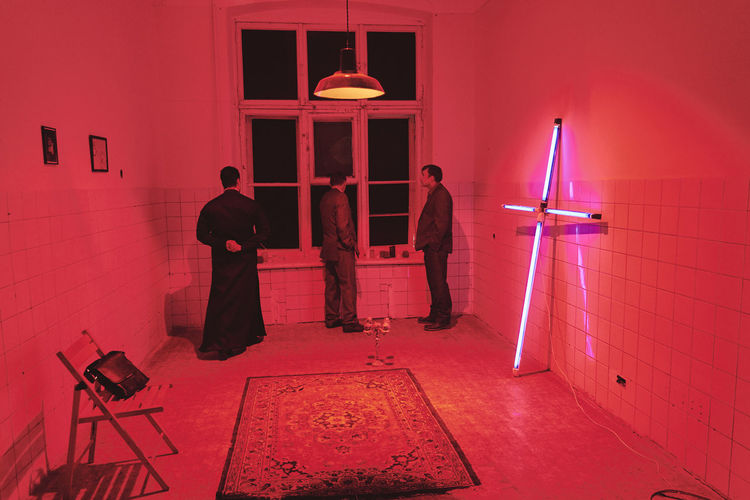 Cross Illuminated Indoors Men Neon Life Neon Lights Real People Two People