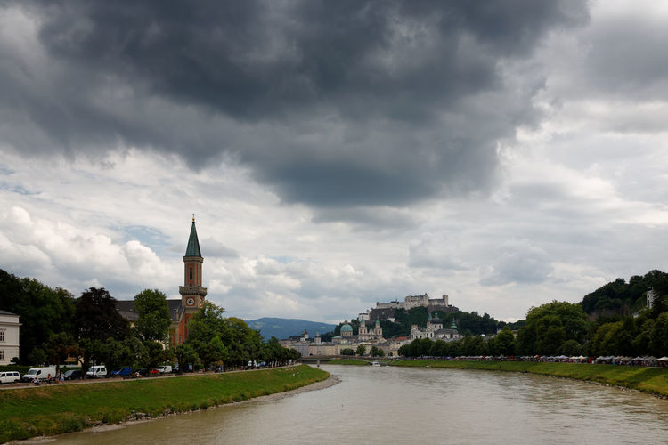 View of river amidst buildings against cloudy sky