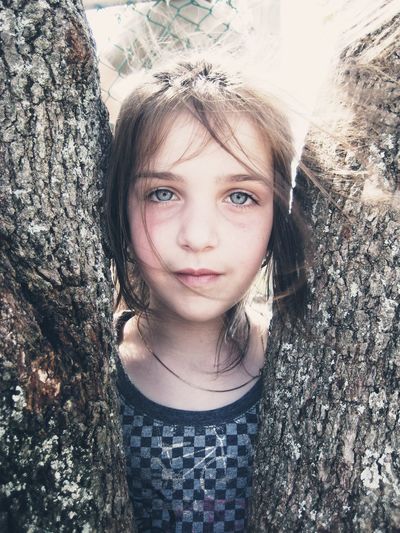 Portrait of girl amidst tree trunks