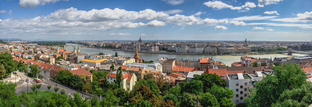 Panoramic view of the danube river and the embankment of budapest, hungary, on a summer morning
