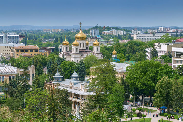 View of park flower garden and spassky cathedral in pyatigorsk, russia