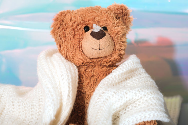 Teddy bear wrapped in warm scarf with snow on a nose. energy crisis in europe, gas  bills rise. 