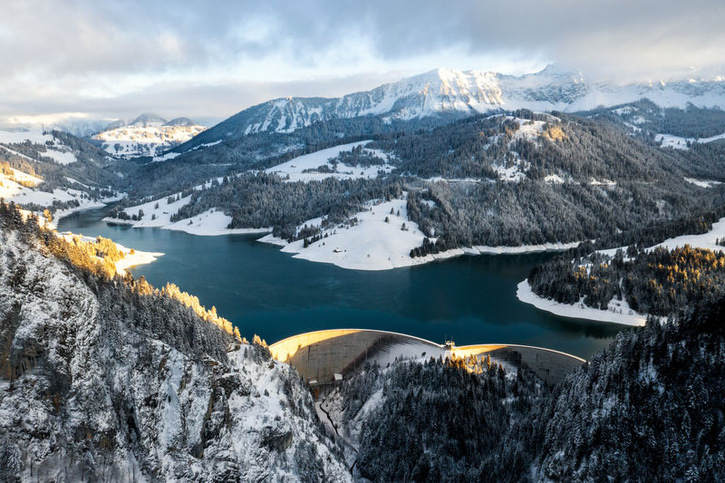 Aerial view of dam in the swiss alps