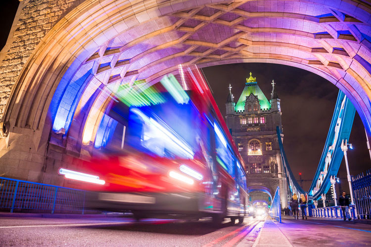 Bus in motion on tower bridge