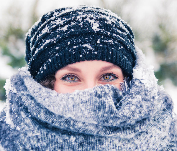 Portrait of woman with snow covered face