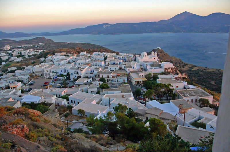 High angle view of houses in plaka at milos