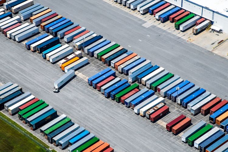 Aerial view of cargo containers in warehouse