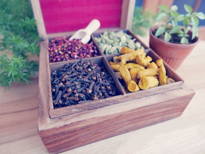 Close-up of spices in box