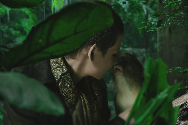 Close-up of woman and monkey looking at each other in forest