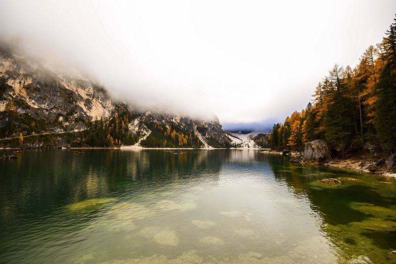 Scenic view of lake by trees against sky