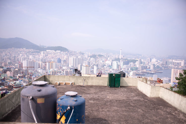 High angle view of cityscape during sunny day