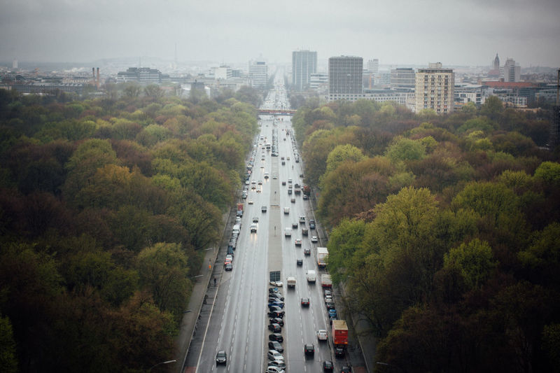 High angle view of vehicles on road along trees