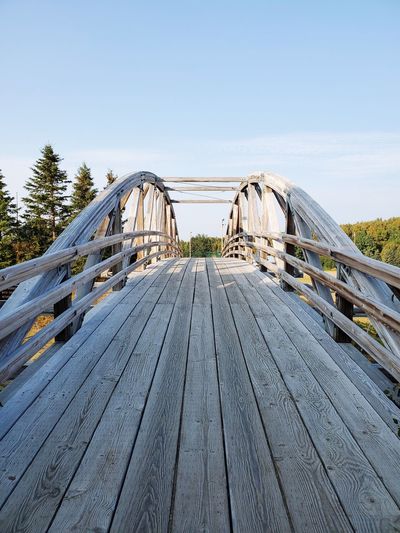 Surface level of footbridge against clear sky