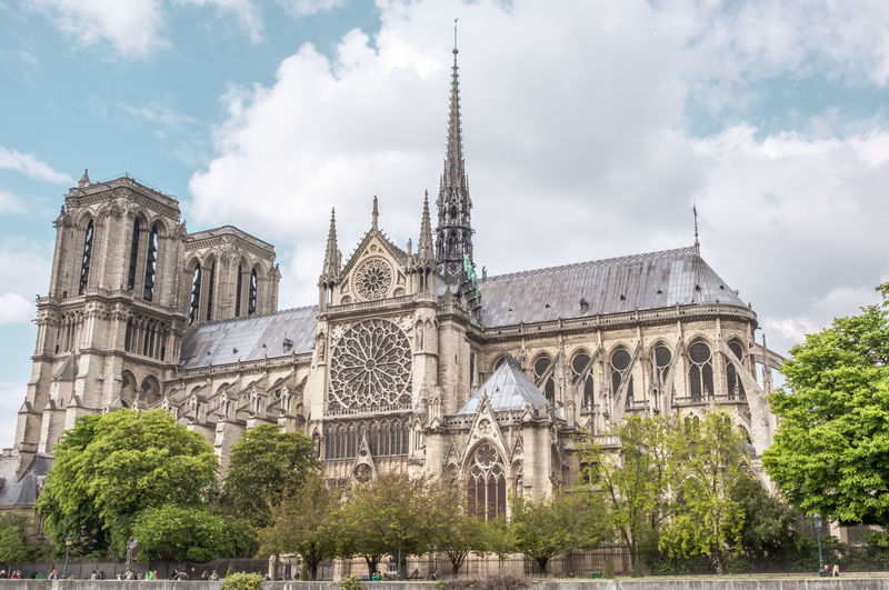 Panoramic view of notre dame and trees against sky