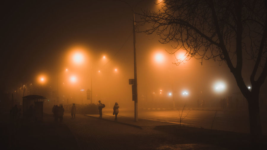 Silhouette people walking on illuminated street at night