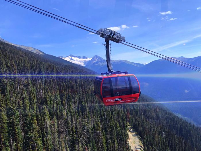 Overhead cable car on road against sky