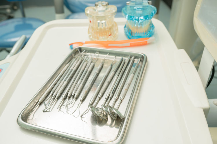 Close-up of dental equipment in medical clinic