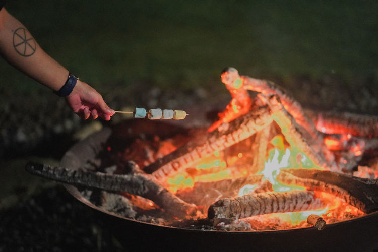 Midsection of man preparing food on barbecue grill