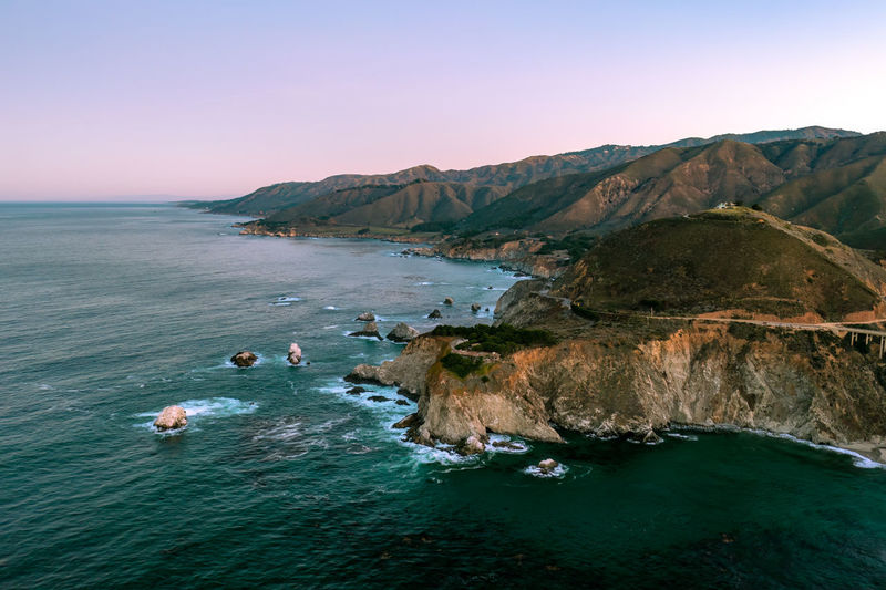 Aerial view of the beautiful big sur california coast. drone over water.