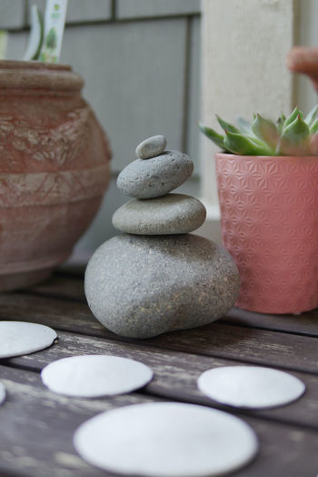 Close-up of stone stack on table