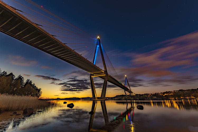 Bridge over lake against sky during sunset