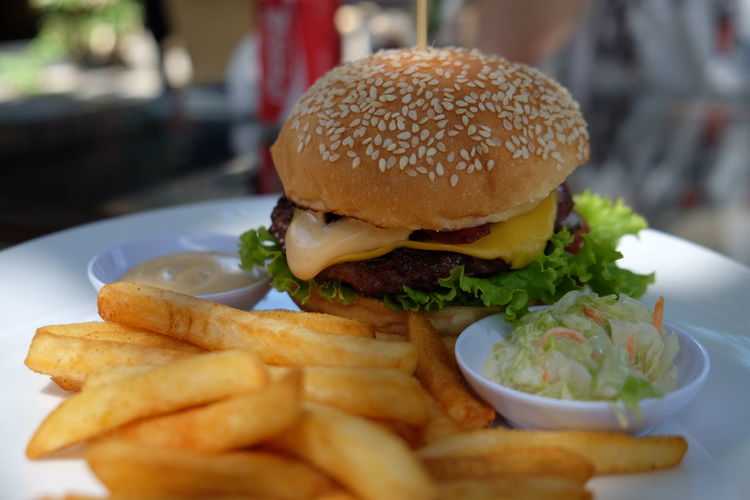 Close-up of french fries and hamburger served in plate