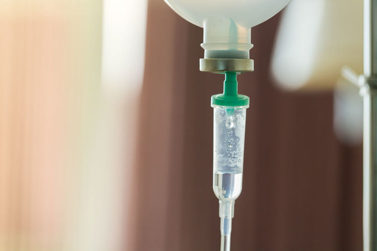 Close-up of iv drip in hospital