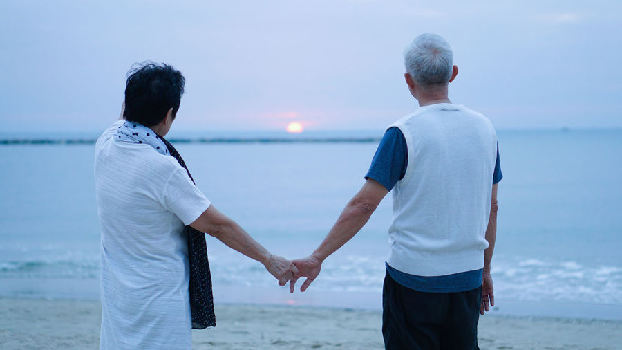 Rear view of couple holding hands standing at beach against sky