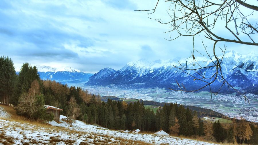 Scenic view of snow covered mountains