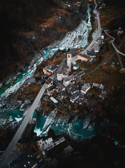 High angle view of abandoned and trees during winter