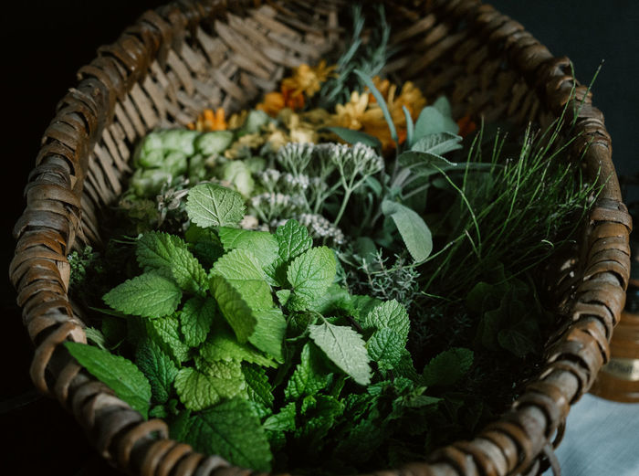 A basket filled with herbs