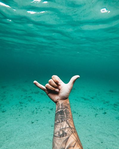 Cropped hand of man gesturing shaka sign in sea