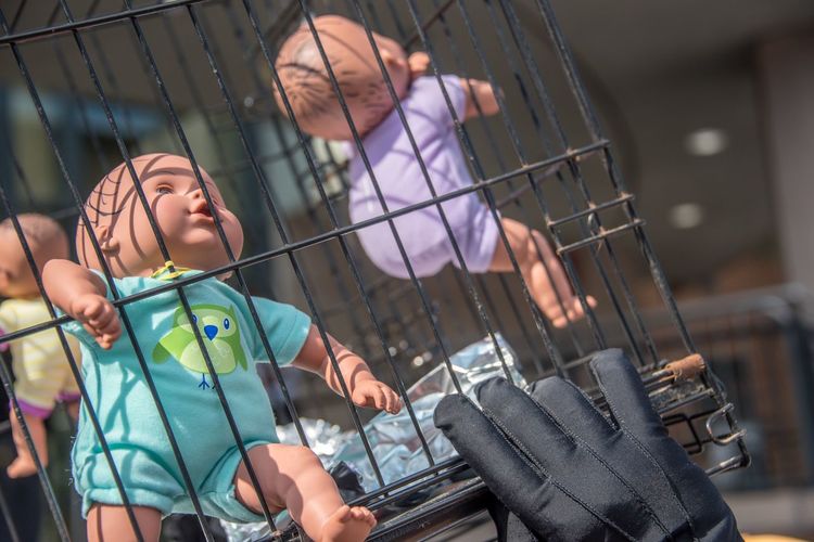 Close-up of dolls in cage