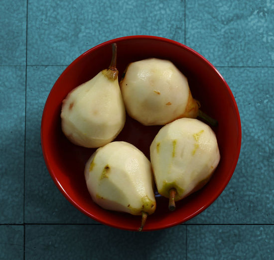 High angle view of fruits in bowl on table