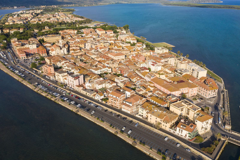 Aerial viewof the seaside town of orbetello on the tuscan coast in the maremma eastern lagoon