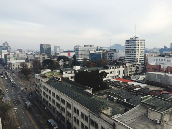 High angle view of buildings against sky