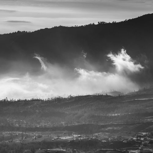 Scenic view of silhouette mountains against sky