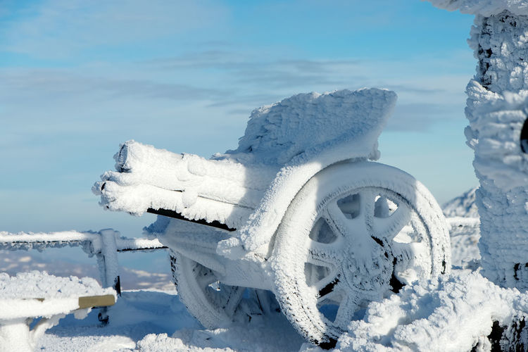 Close-up of snow covered land against sky