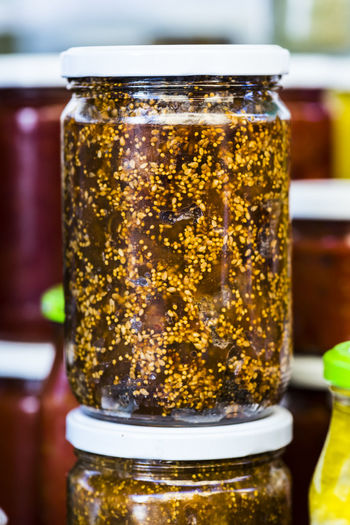 Close-up of preserves and pickles in jars