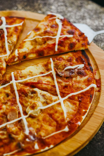Close-up of pizza served on table