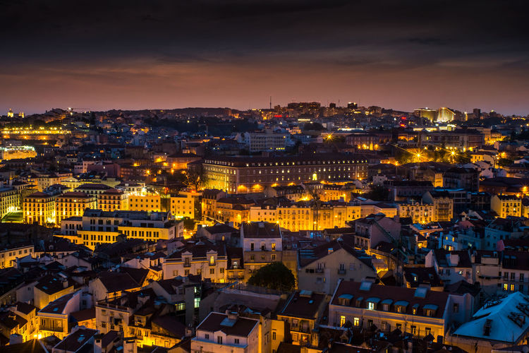 High angle view of city at night