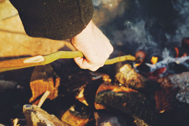 Cropped hand holding stick during campfire