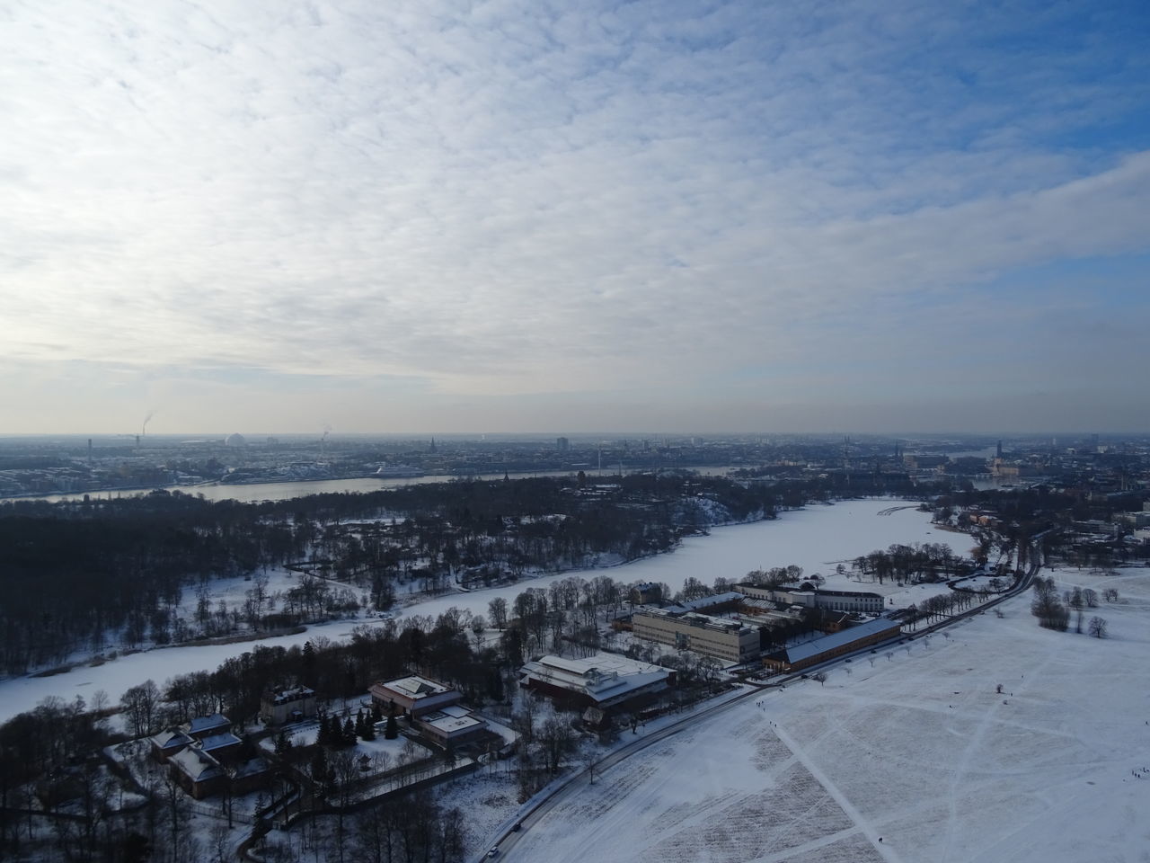 HIGH ANGLE VIEW OF TOWN DURING WINTER