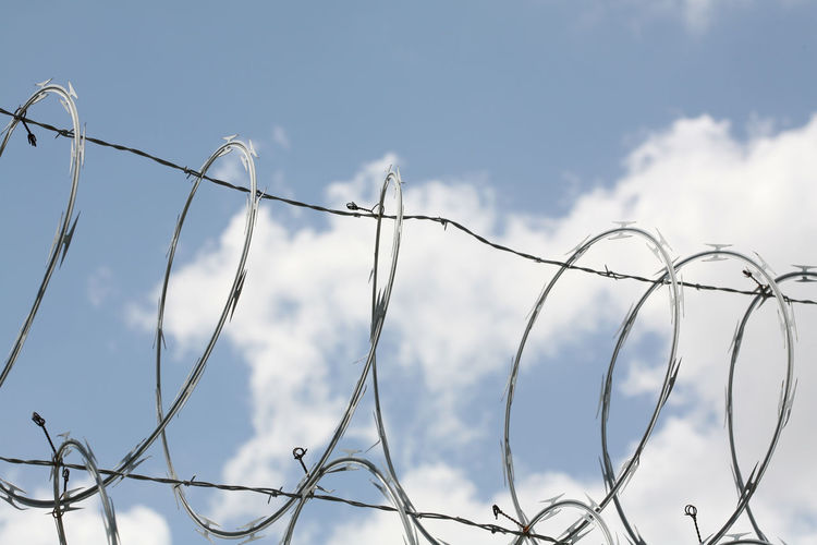 Low angle view of razor wires against sky