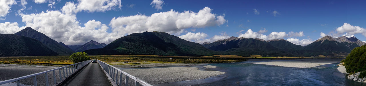 Panoramic view of river amidst mountains against sky
