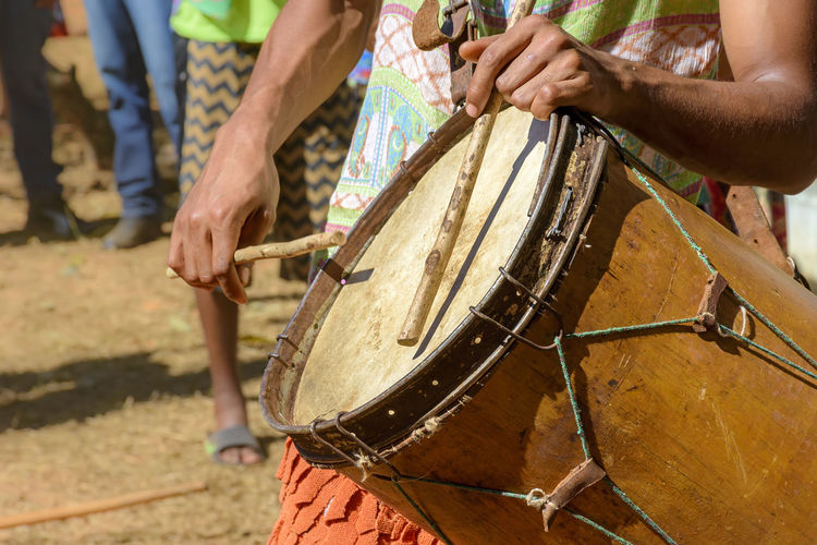 Ethnic and rustic handmade drums in a religious festival 