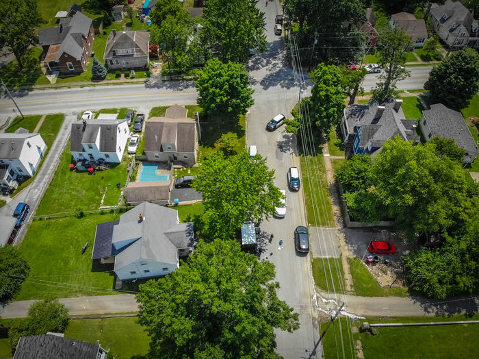 High angle view of street amidst buildings in city