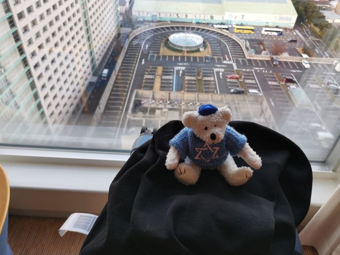 High angle view of stuffed toy in city